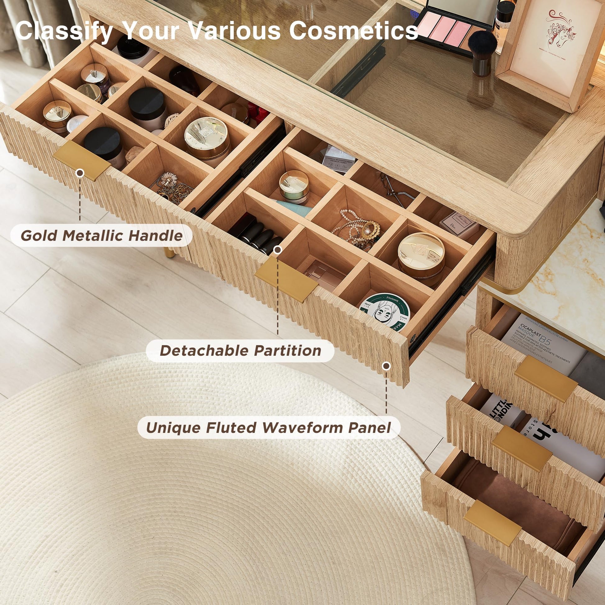 Cosmetic organizer with embedded tempered glass tabletop displaying various items.