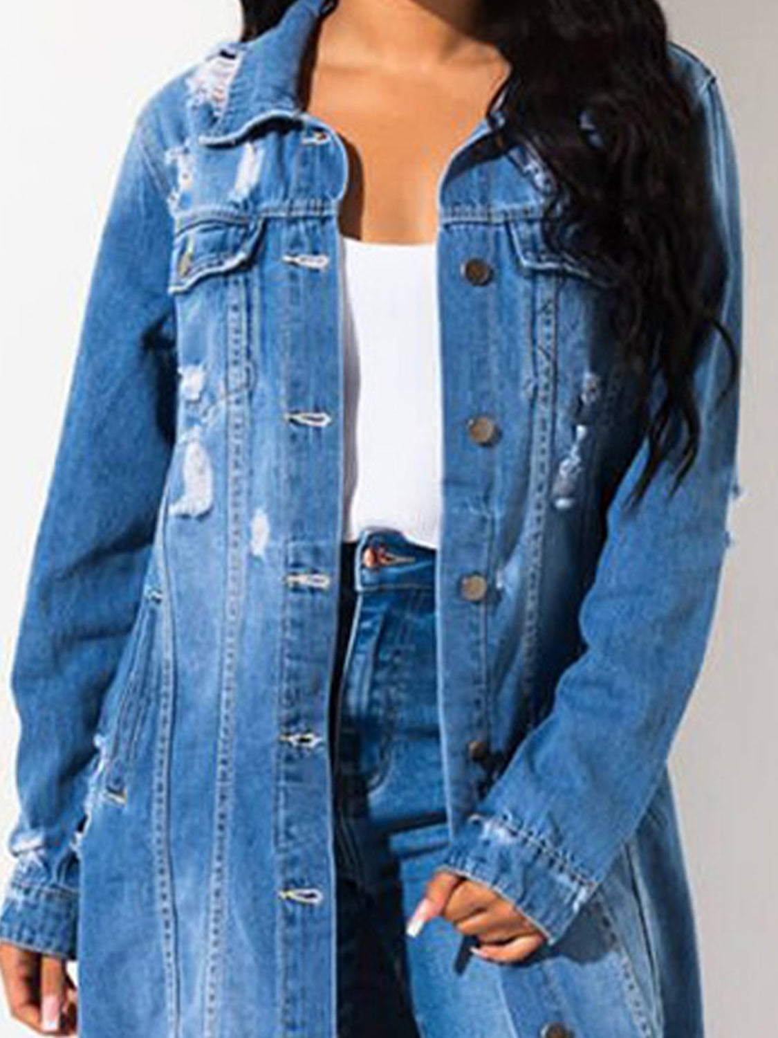 Double Take Dropped Shoulder Raw Hem Denim Jacket
