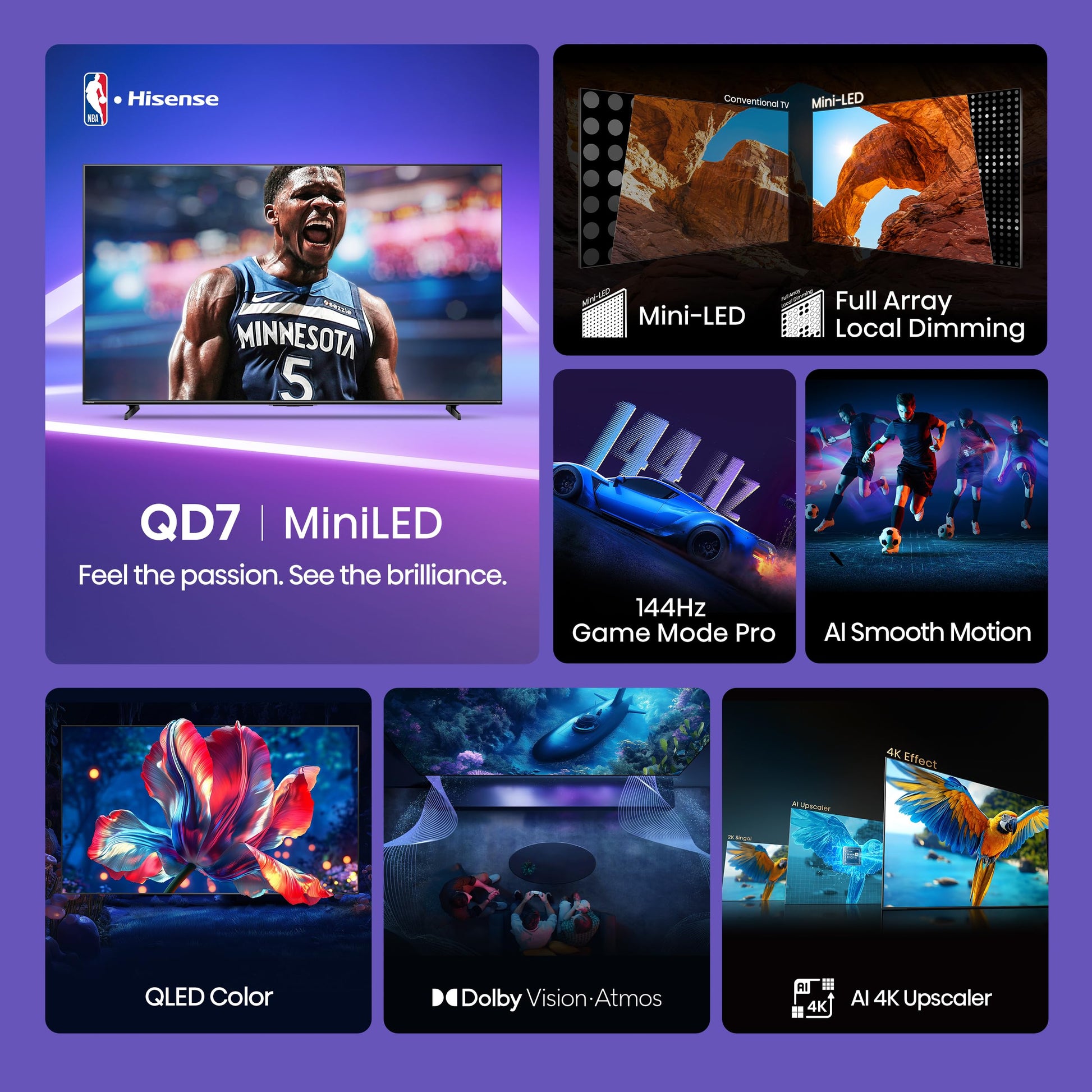 Hisense 65" Class QD7 Series Mini-LED 4K UHD Smart Fire TV (65QD7QF, 2025 Model) - QLED, HDR10+, Dolby Vision, Dolby Atmos, Game Mode Plus, ALLM, Alexa Built in with Voice Remote, Streaming TV, Black