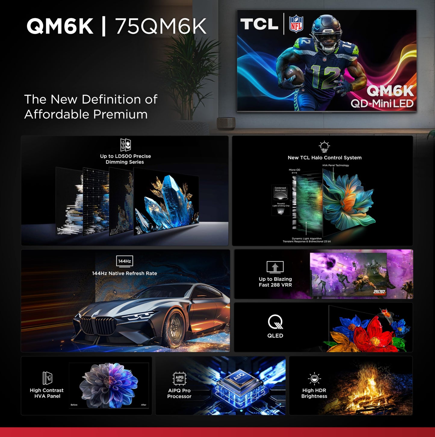 TCL 55-Inch QM6K QLED 4K Smart QD-Mini LED TV with Google TV (55QM6K, 2025 Model) Dolby Vision IQ, Dolby Atmos, HDR, Game Accelerator up to 240Hz, Voice Remote, Works with Alexa, Streaming Television