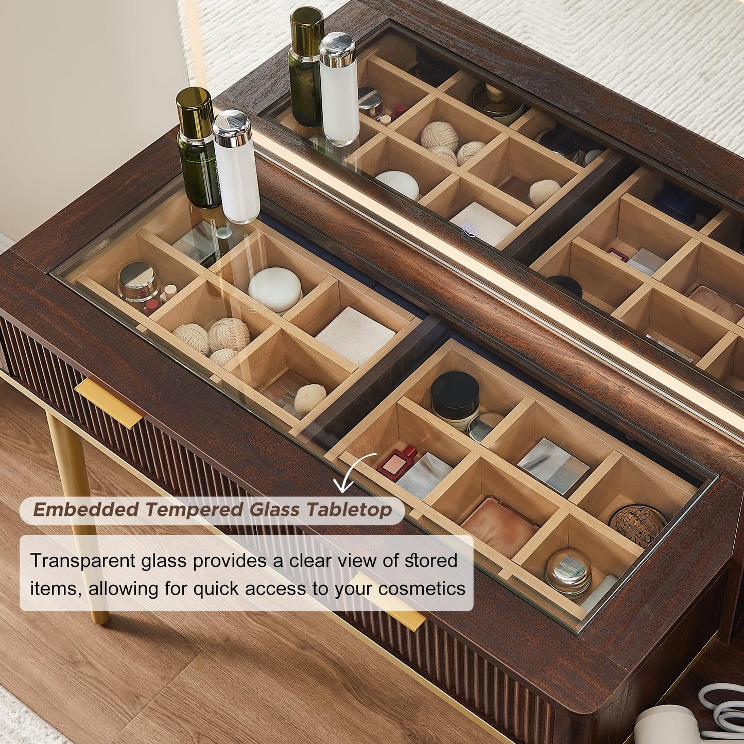 Cosmetic organizer with embedded tempered glass tabletop displaying various items.