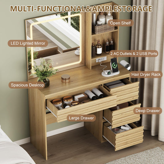 Wooden dressing table with LED lighted mirror, multiple drawers, and various accessories.