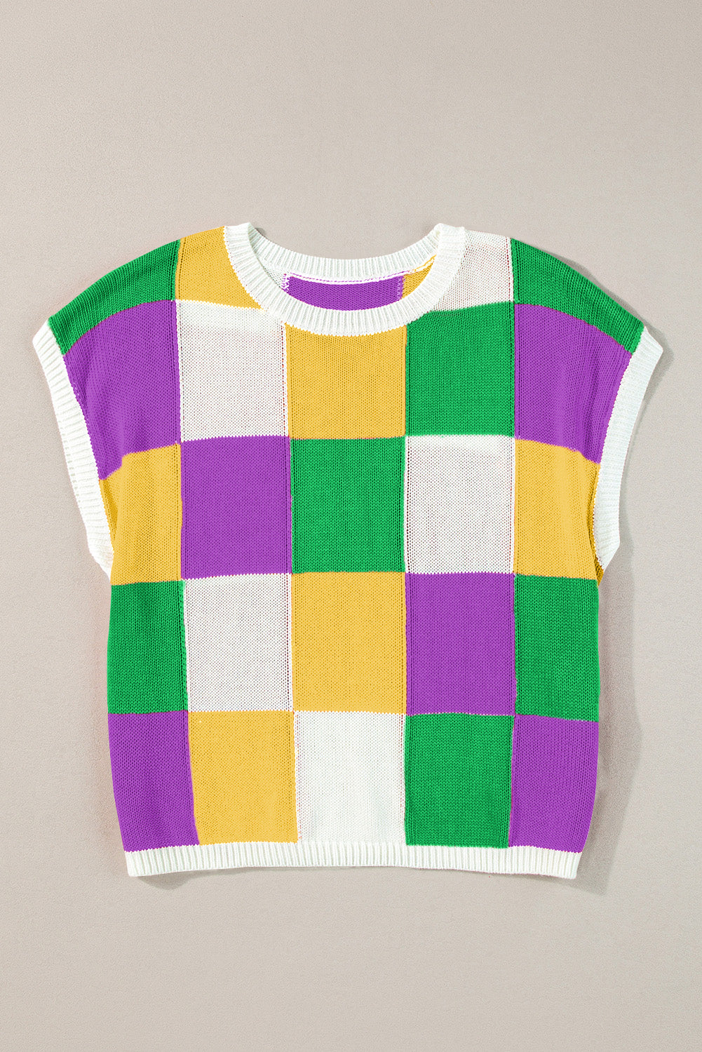 Grapefruit Orange Checkered Color Block Cap Sleeve Knitted Top