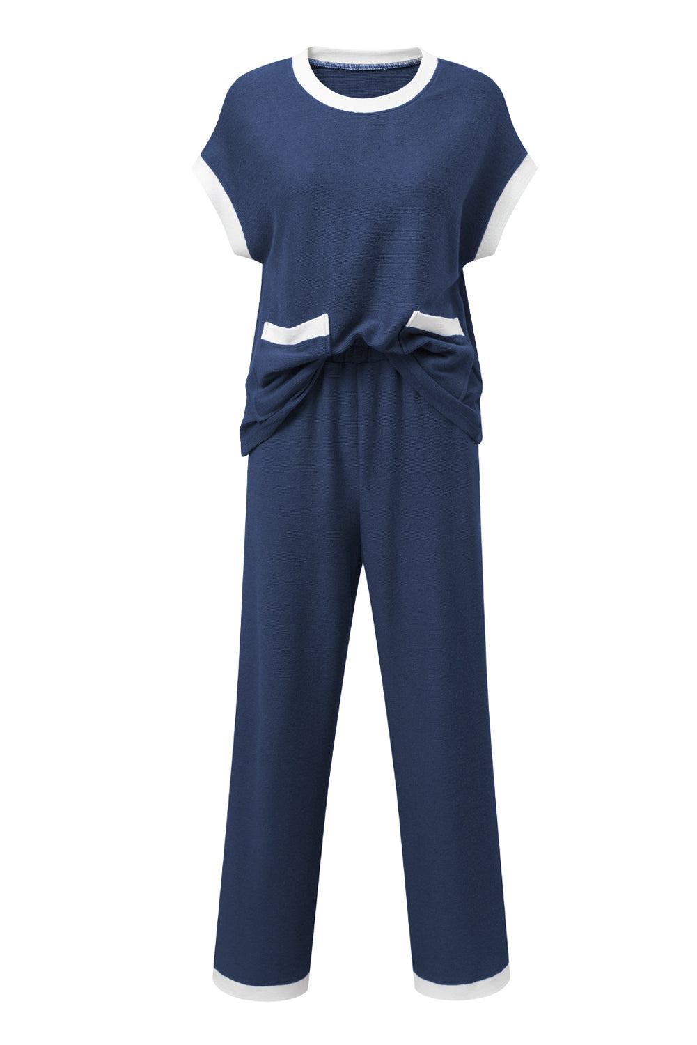 Navy Blue Contrast Trim Pocket T Shirt and Wide Leg Pants Set