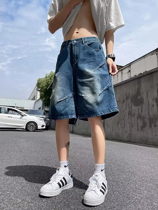 Men's Full Size Vintage Wash Wide-Leg Denim Shorts Plus Size