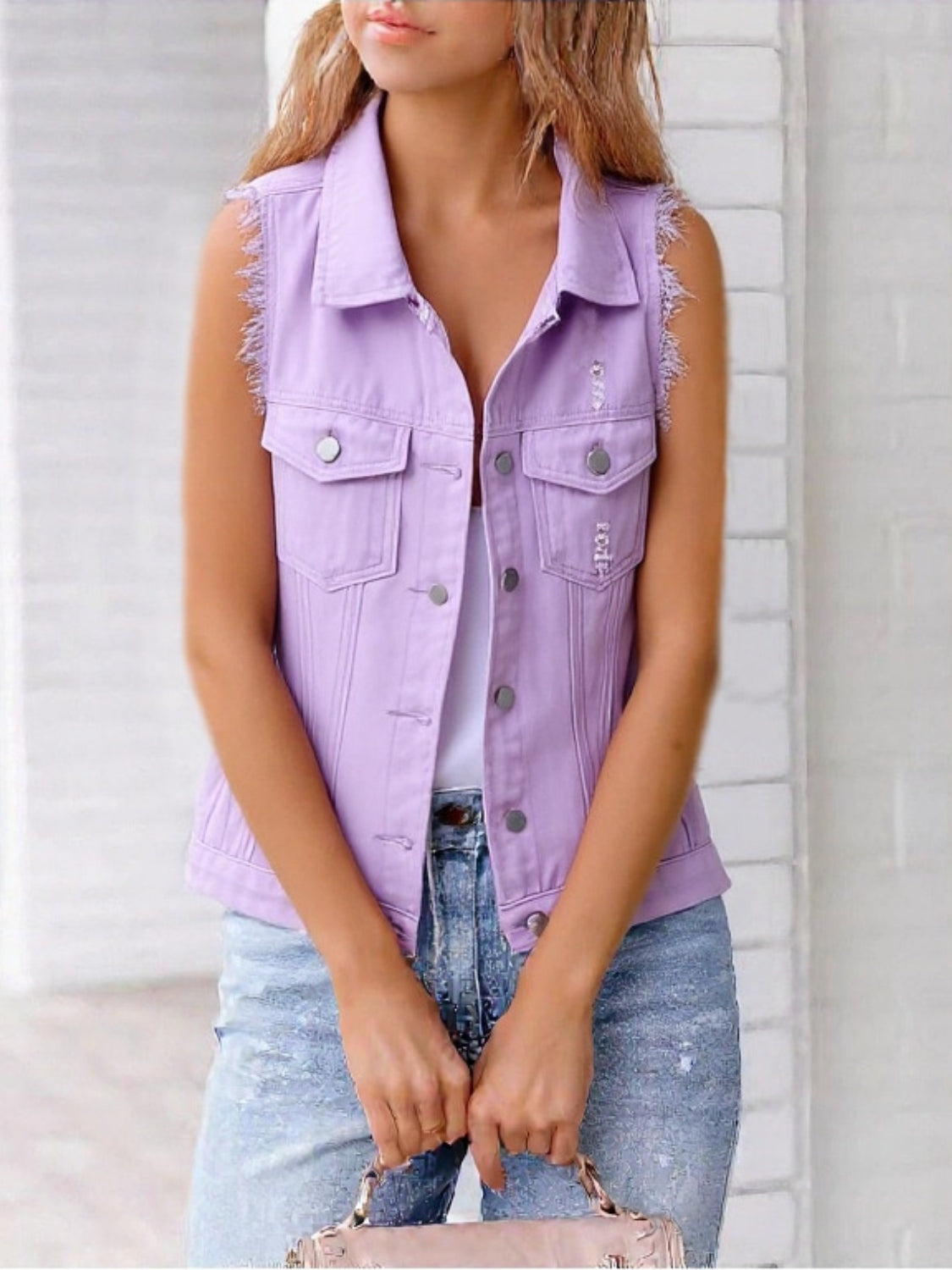 Side Button Slit Denim Jacket with Pockets