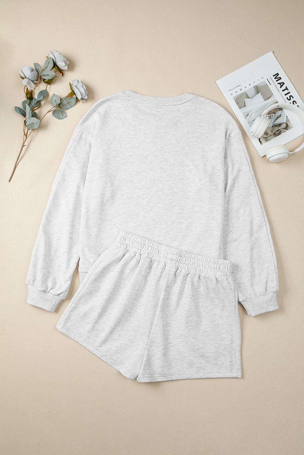 Light Grey Bow Embroidery Long Sleeve Pullover and High Waist Shorts Set