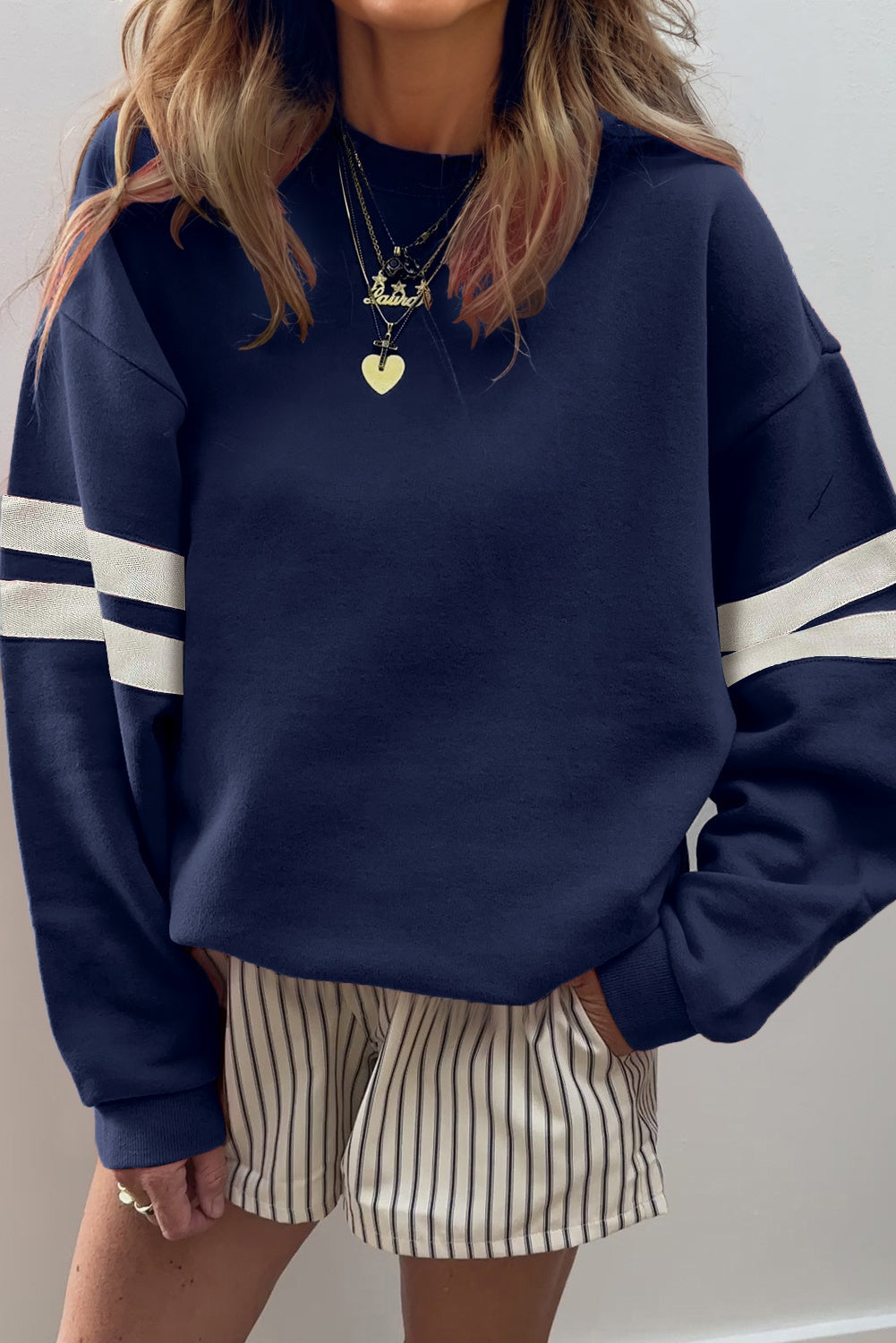 Black Preppy Striped Sleeve Loose Sweatshirt