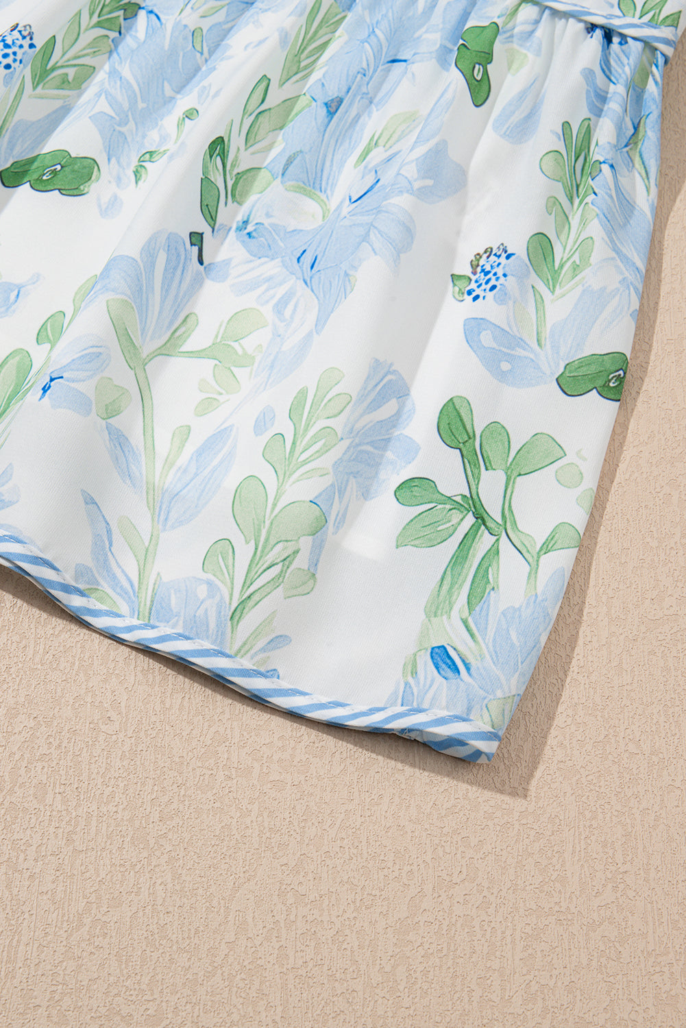 Sky Blue Floral Contrast Edge Ruffle Sleeve Tie Neck Mini Dress