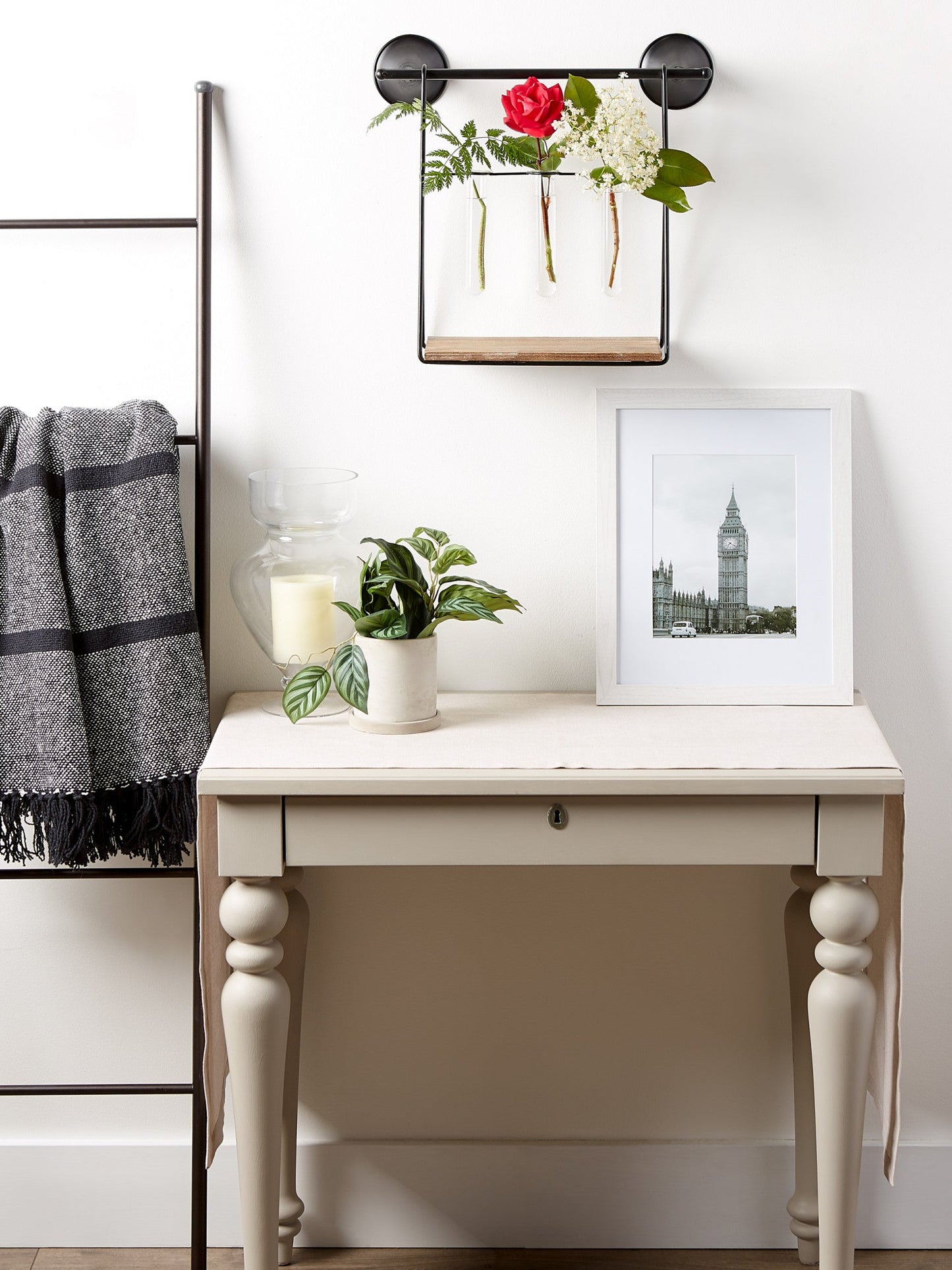 Elegant Iron and Wood Wall Shelf with Glass Vases