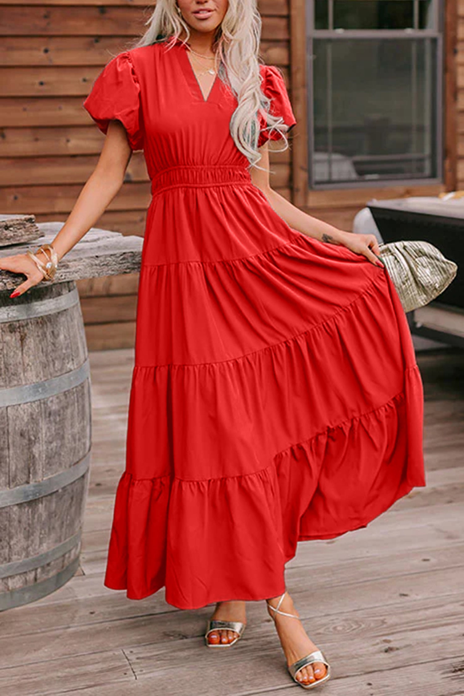 Lavendula Solid Color V Neck Short Puff Sleeve High Waist Tiered Maxi Dress