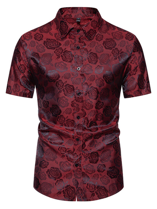 Men's Rose Print Short Sleeve Button-Down Shirt