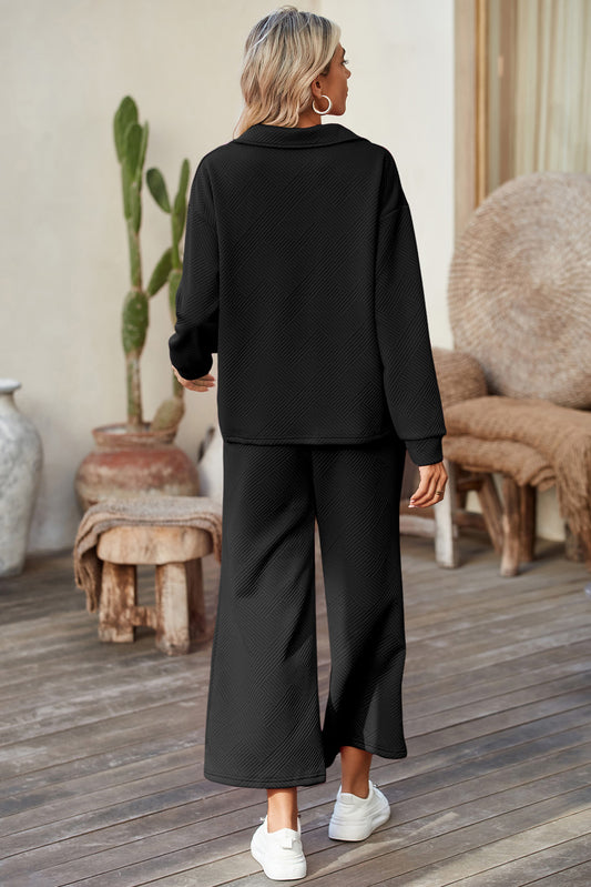 Black Solid Color High Low Pullover and Pants Set