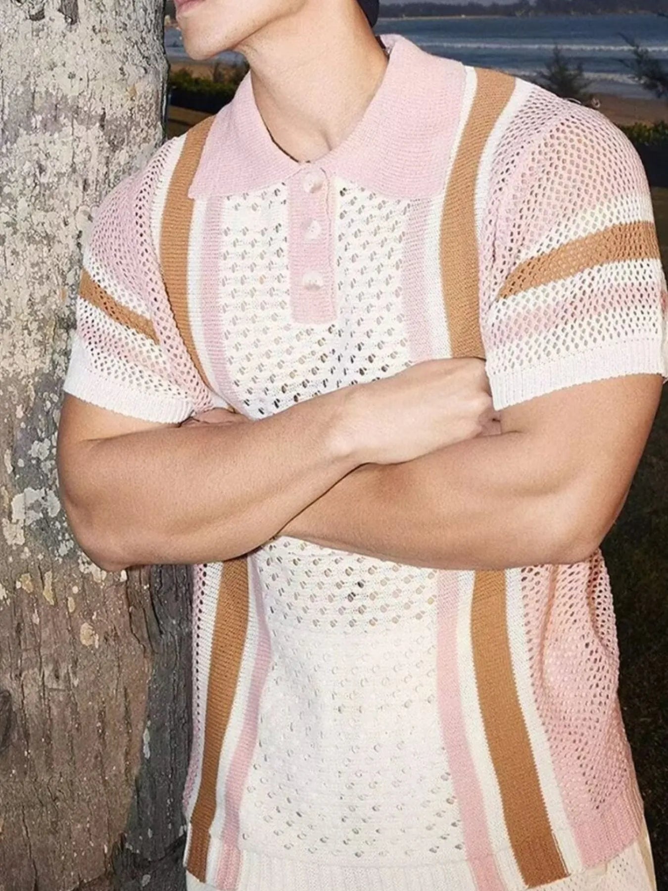 Men's Full Size Hollow Out Short Sleeve Contrast Knit Polo Plus Size