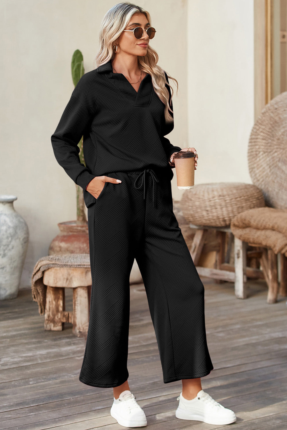 Black Solid Color High Low Pullover and Pants Set