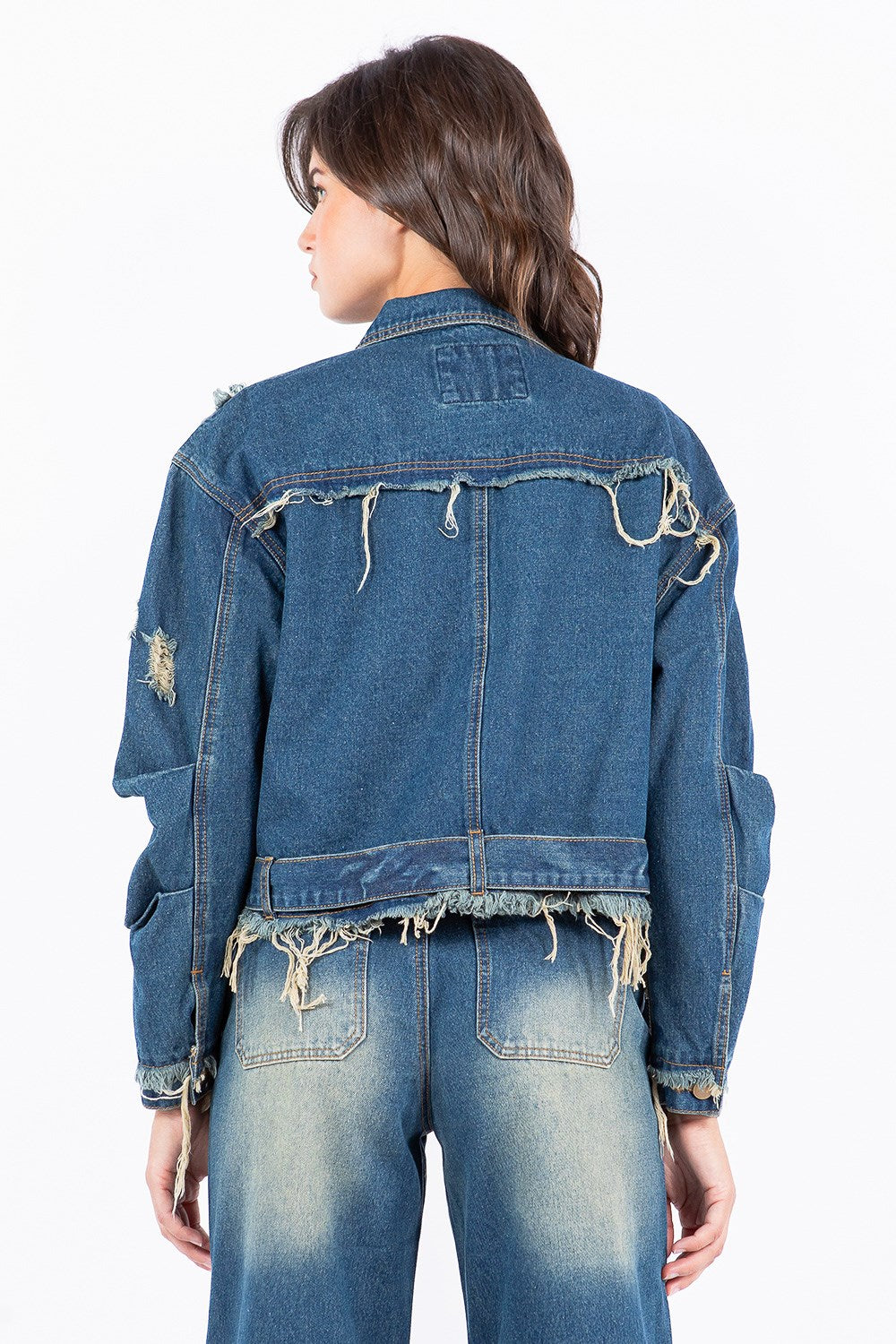 RISEN Full Size Raw Hem Button Up Cropped Denim Jacket Plus Size