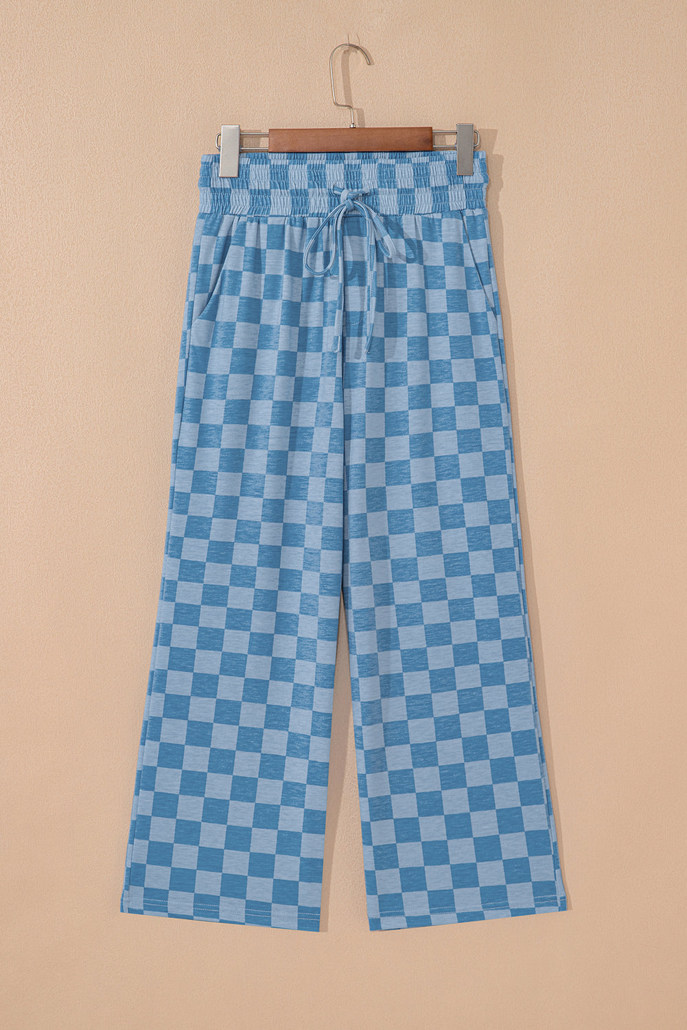 Sky Blue Tie Elastic Waist Checkered Loose Pants
