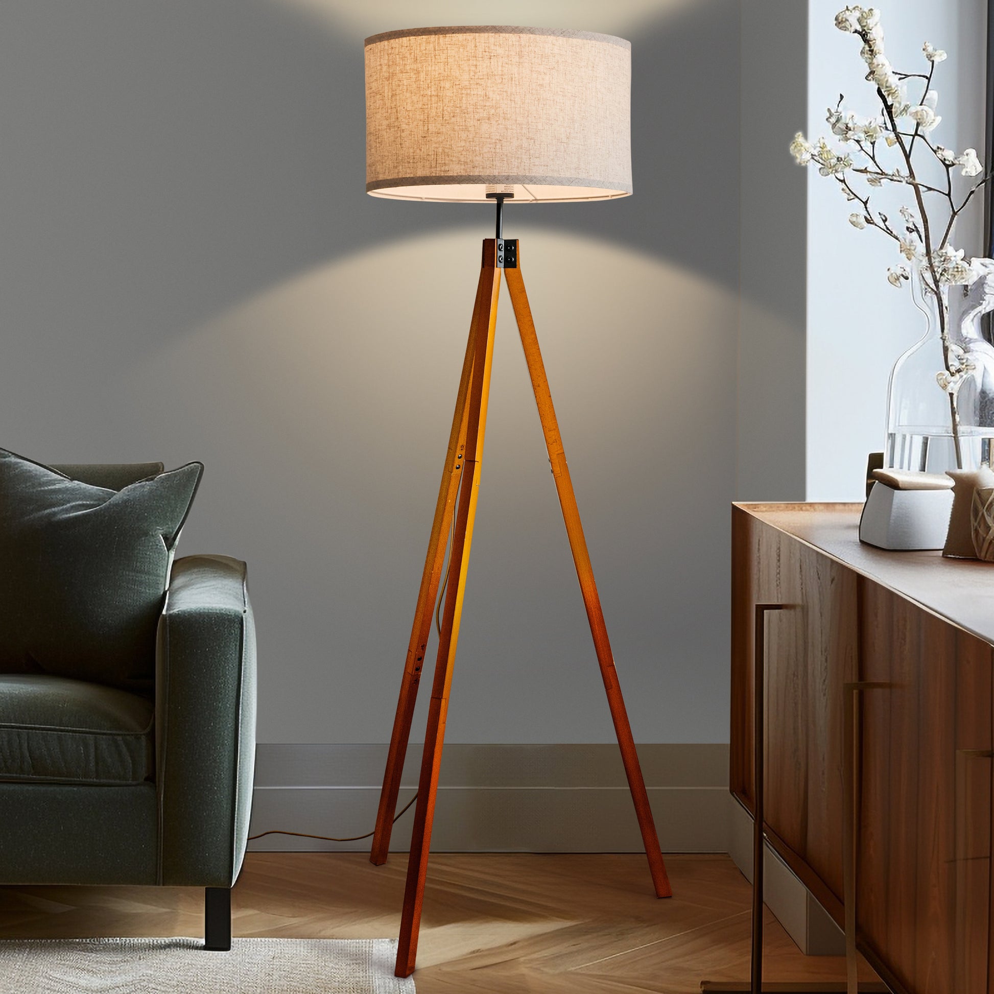 Brightech Eden Mid-Century Tripod Floor Lamp with Beige Shade