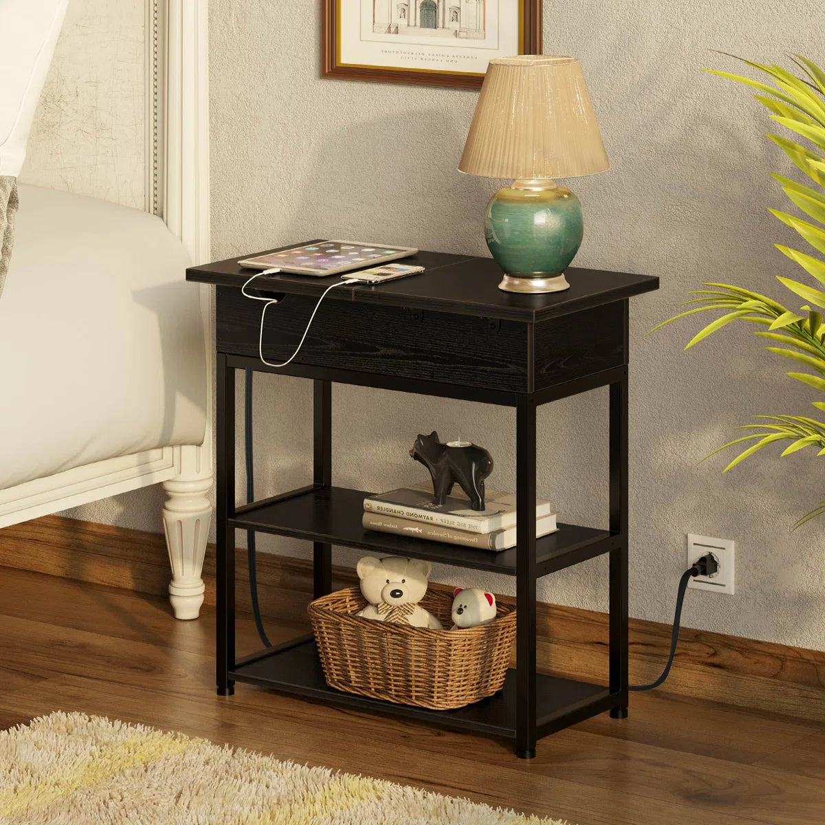 17 Stories Rustic End Table with Storage and USB Charging