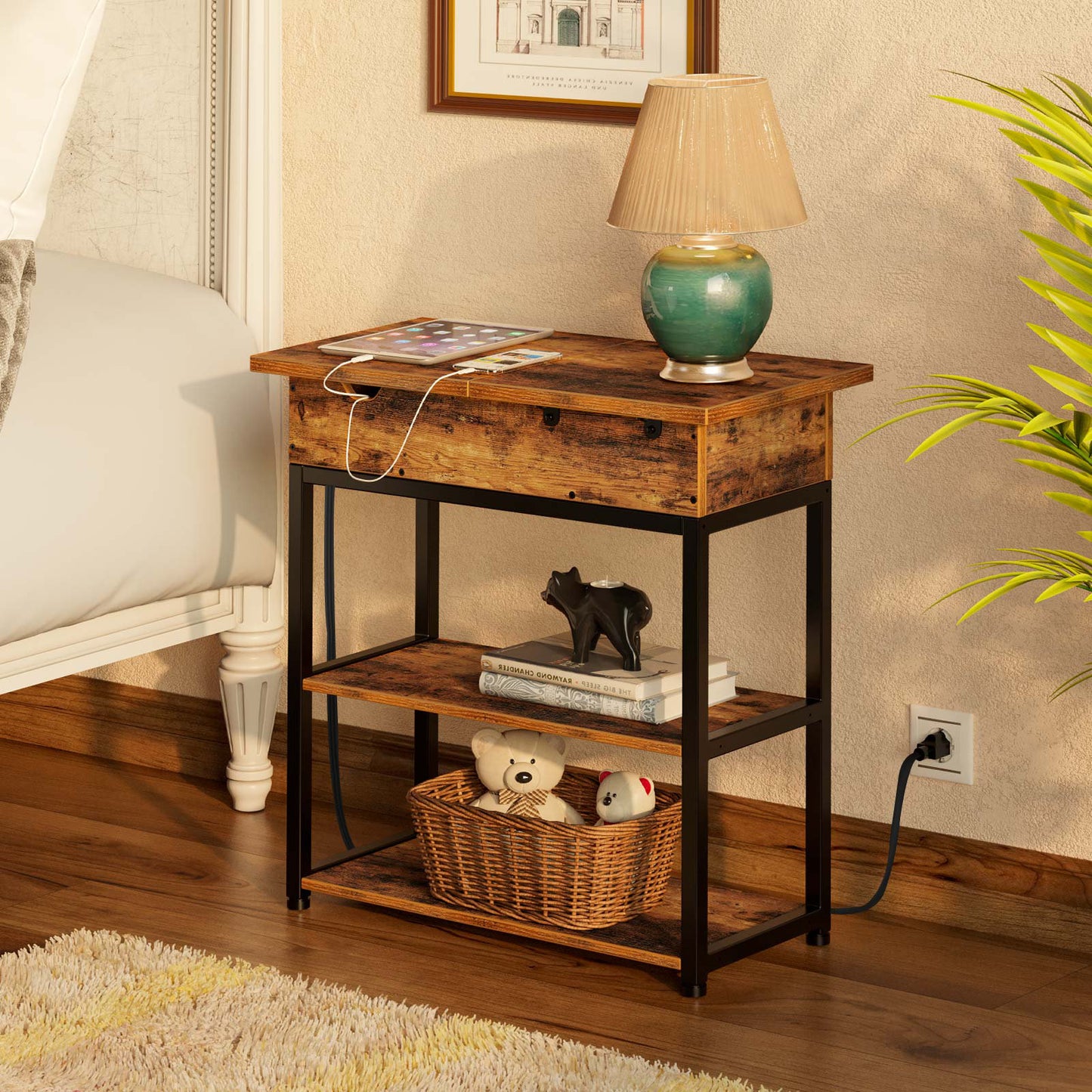 17 Stories Rustic End Table with Storage and USB Charging