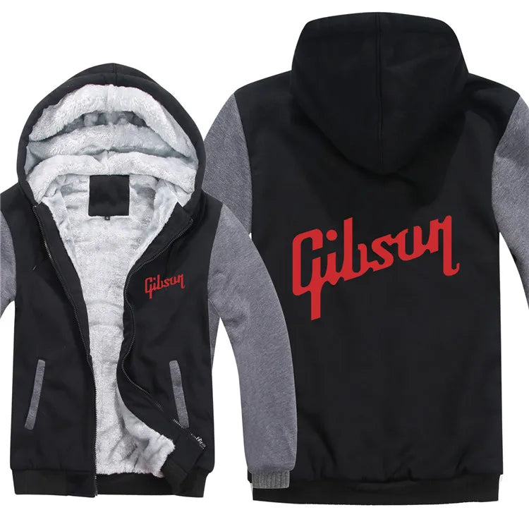 Winter Warm Guitar brand Gibson Logo Mens Zipper Hoodies Fleece Thicken Music Fans Fashion Jacket Sweatshirt Coat