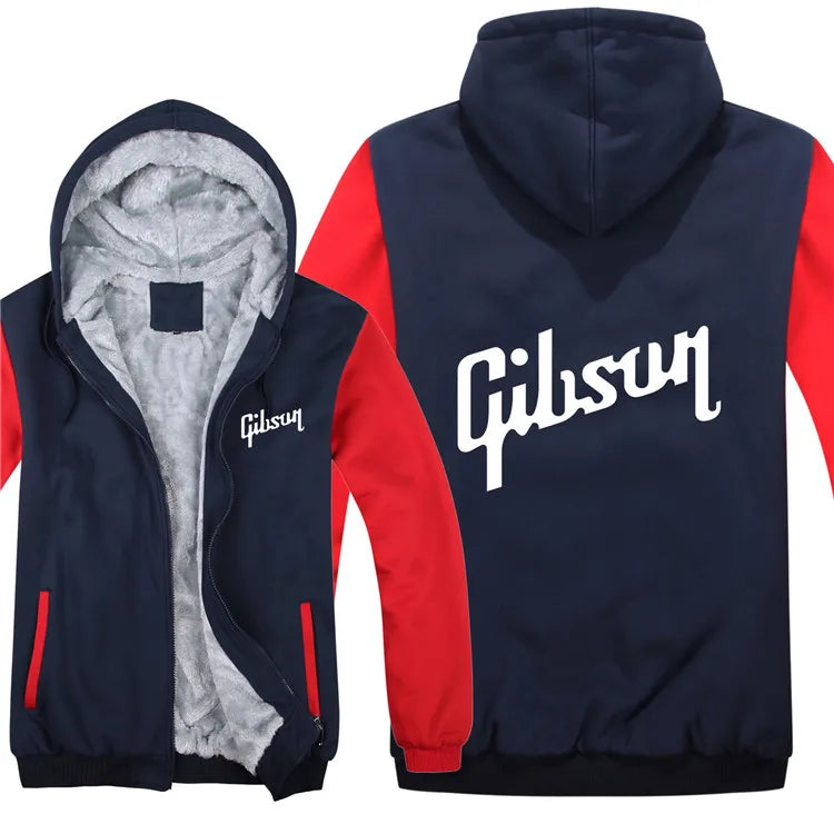 Winter Warm Guitar brand Gibson Logo Mens Zipper Hoodies Fleece Thicken Music Fans Fashion Jacket Sweatshirt Coat