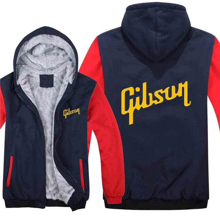 Winter Warm Guitar brand Gibson Logo Mens Zipper Hoodies Fleece Thicken Music Fans Fashion Jacket Sweatshirt Coat