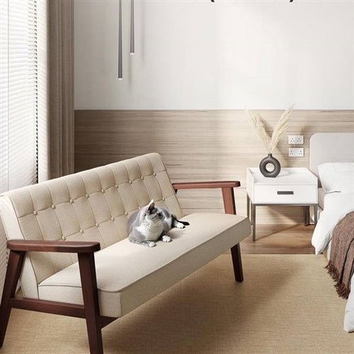 Mid-Century Modern Wood Frame Loveseat Sofa Couch with Beige Seat Back Cushion