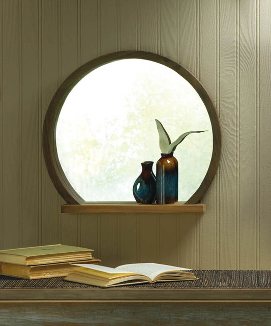 ROUND WOODEN MIRROR WITH SHELF