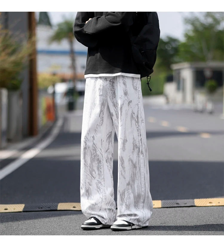 Jeans Mens Classic Straight Leg Jeans White Tie Dye Denim Pants 