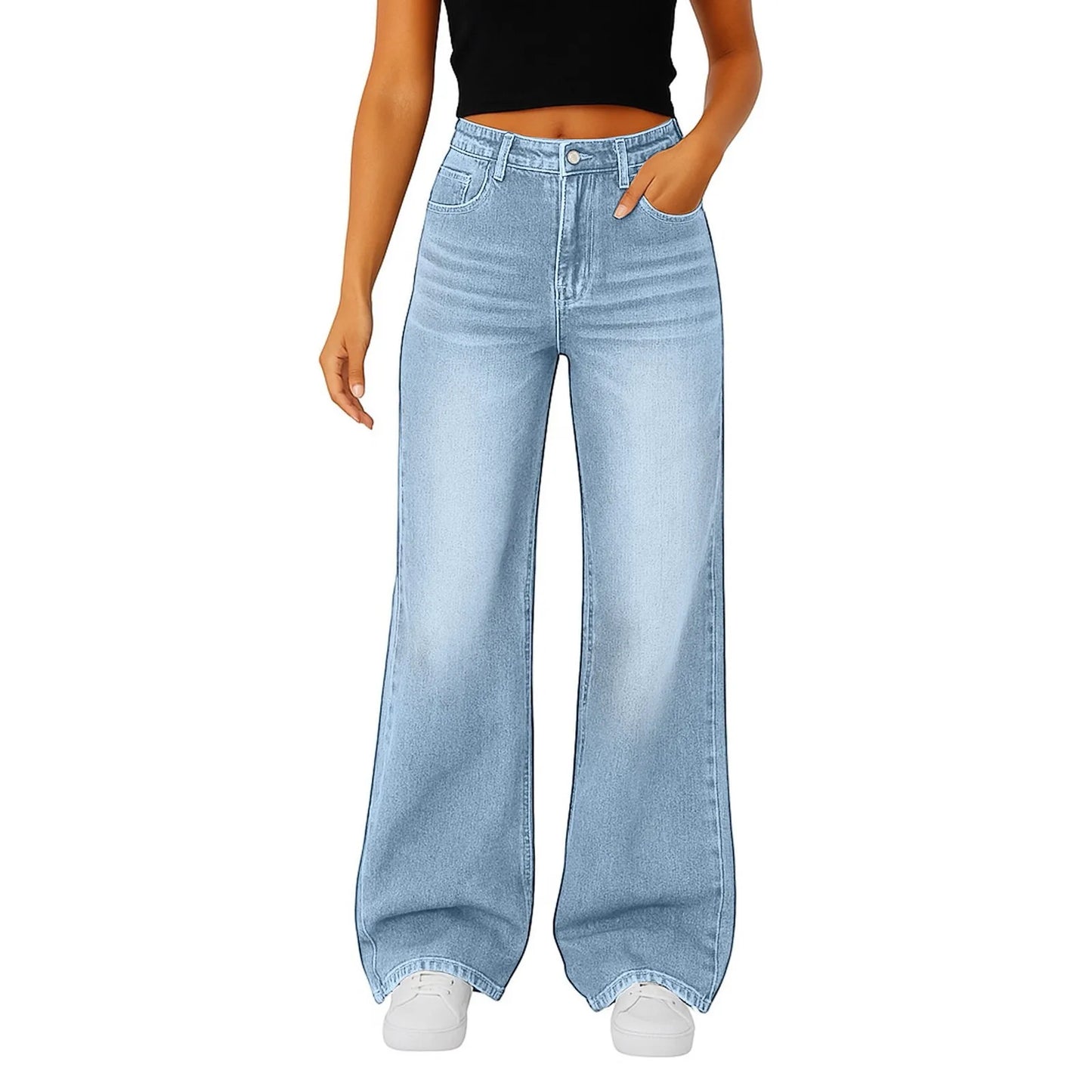 Wide-Leg Jeans Women Light Blue High-Waisted Simple Design Fashionable Trousers 