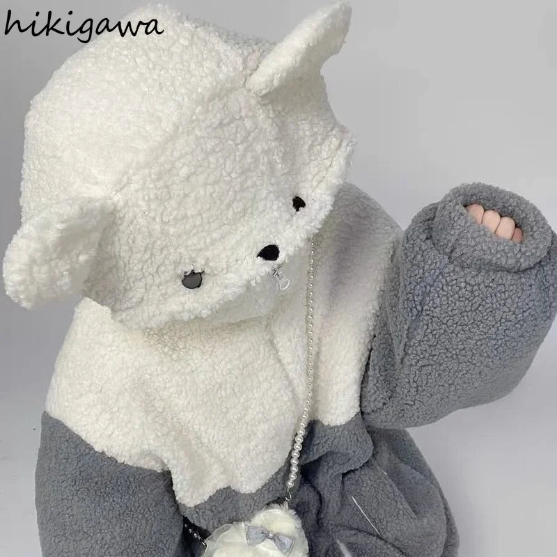 Cute Bear Hoodies Women Winter Pullover Clothes Cartoon Y2K Jackets Coats Hooded Tops Streetwear BF Oversized Sweatshirt