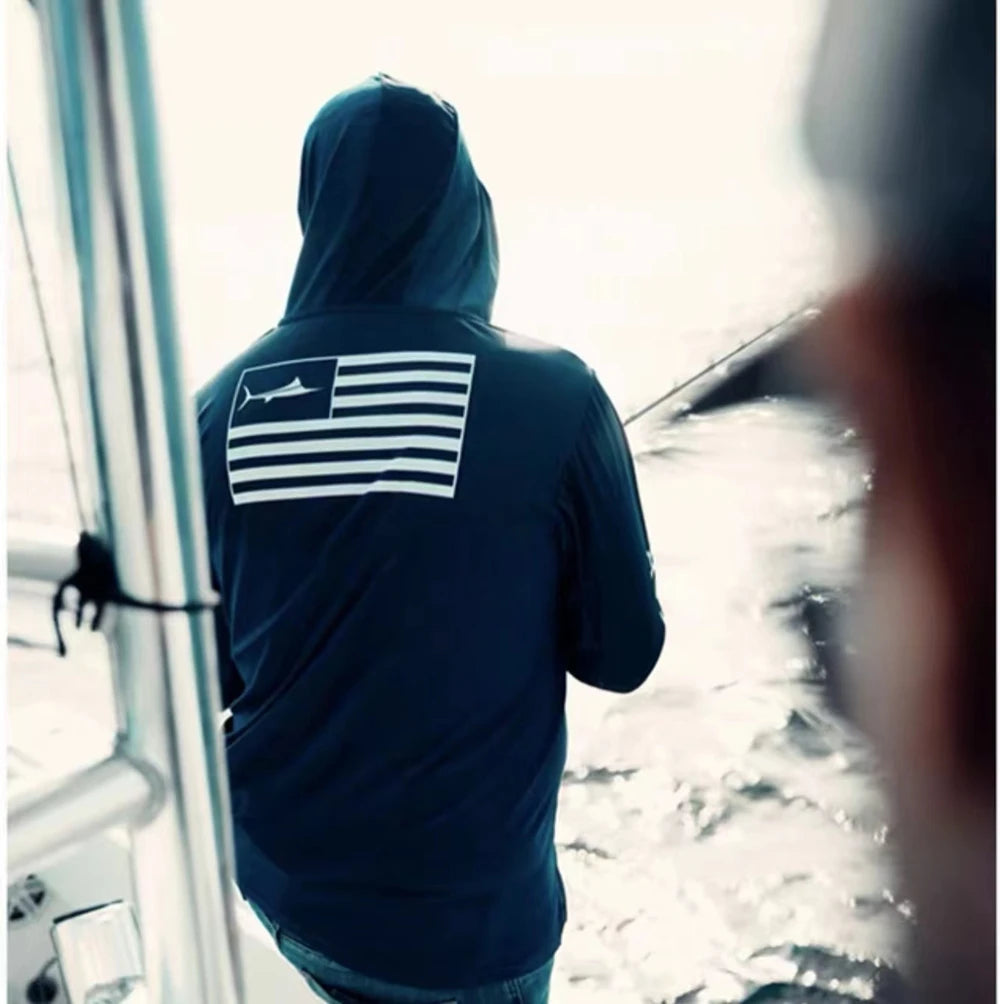 USA 2025 Men's Hooded Long Sleeve Performance Fishing Shirts Jersey For Fishing UV Hoodies Clothing Camiseta De Pesca Tops