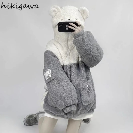 Cute Bear Hoodies Women Winter Pullover Clothes Cartoon Y2K Jackets Coats Hooded Tops Streetwear BF Oversized Sweatshirt