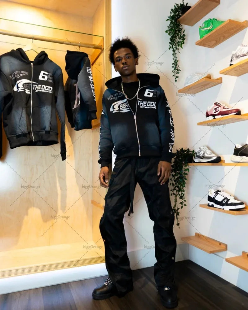 Punk Retro Colorful Zipper Hoodie Harajuku Letter Print Casual Oversized Sweatshirt Couple Hip-hop Trendy Streetwear Jacket Men