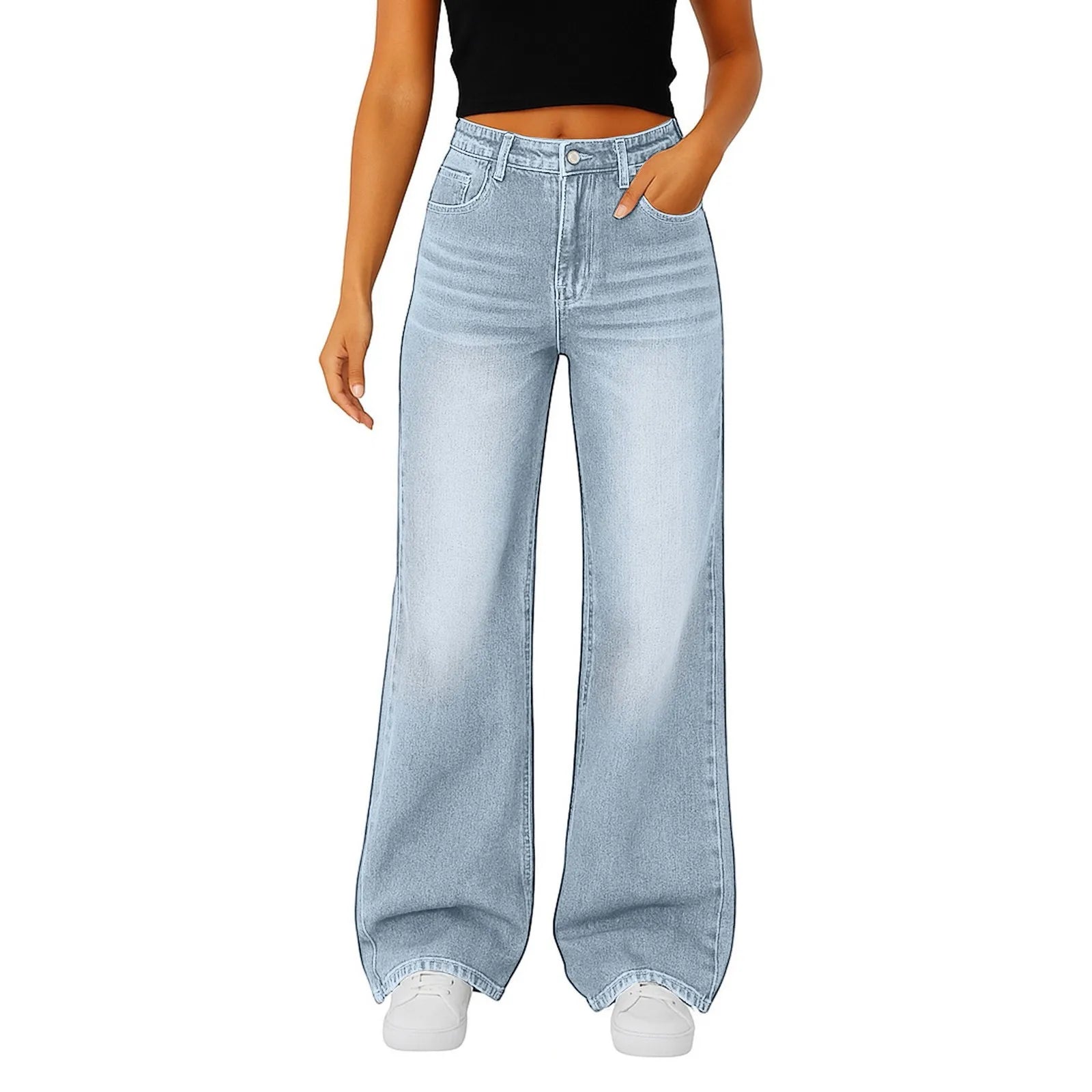 Wide-Leg Jeans Women Light Blue High-Waisted Simple Design Fashionable Trousers 