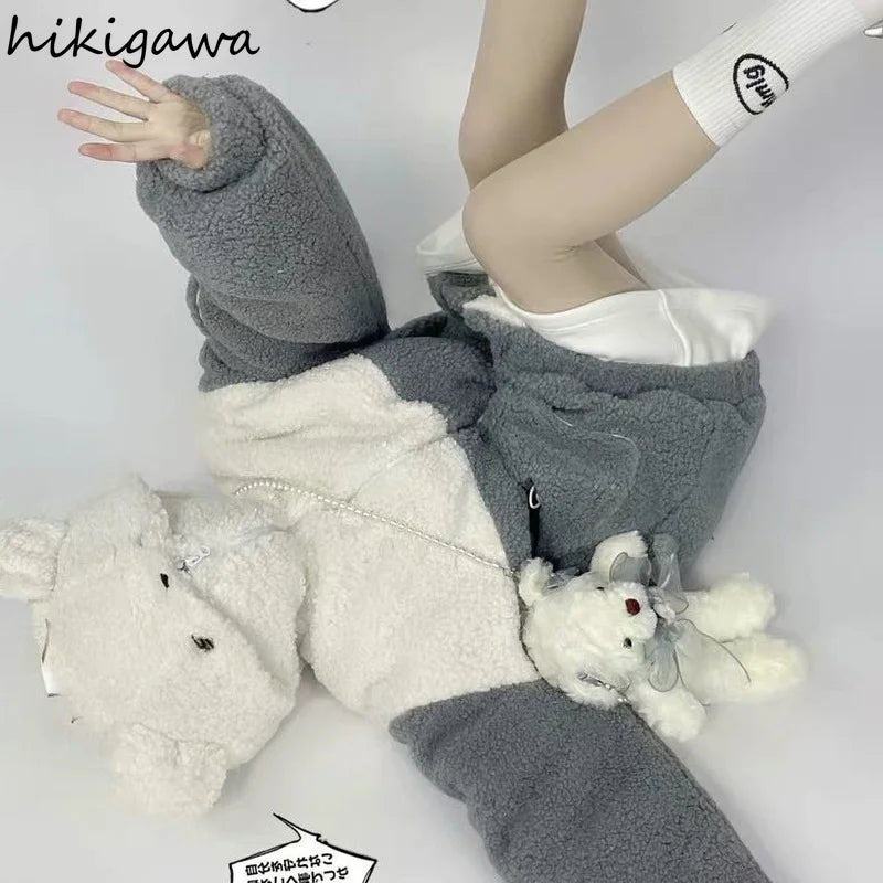 Cute Bear Hoodies Women Winter Pullover Clothes Cartoon Y2K Jackets Coats Hooded Tops Streetwear BF Oversized Sweatshirt