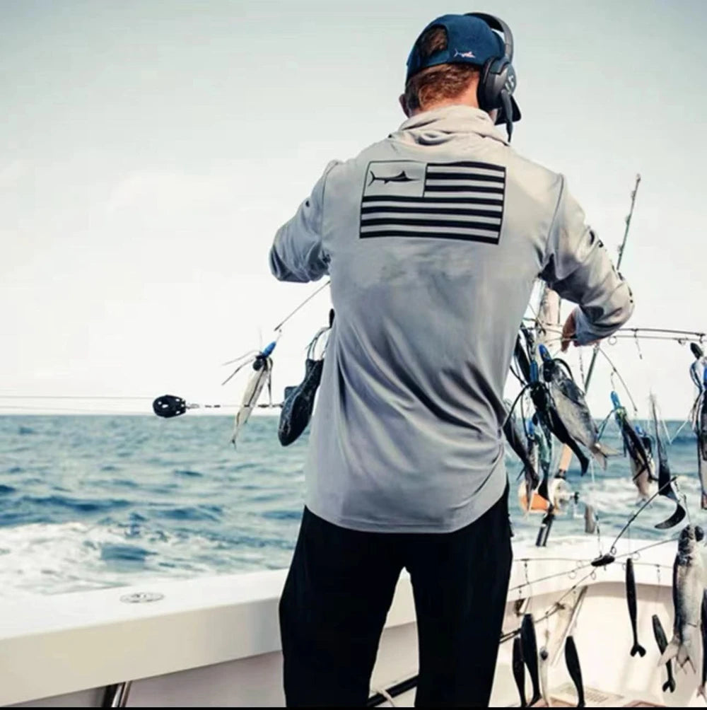 USA 2025 Men's Hooded Long Sleeve Performance Fishing Shirts Jersey For Fishing UV Hoodies Clothing Camiseta De Pesca Tops