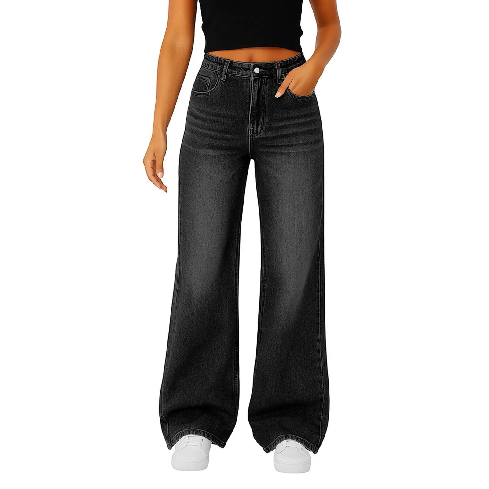 Wide-Leg Jeans Women Light Blue High-Waisted Simple Design Fashionable Trousers 