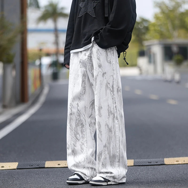 Jeans Mens Classic Straight Leg Jeans White Tie Dye Denim Pants 