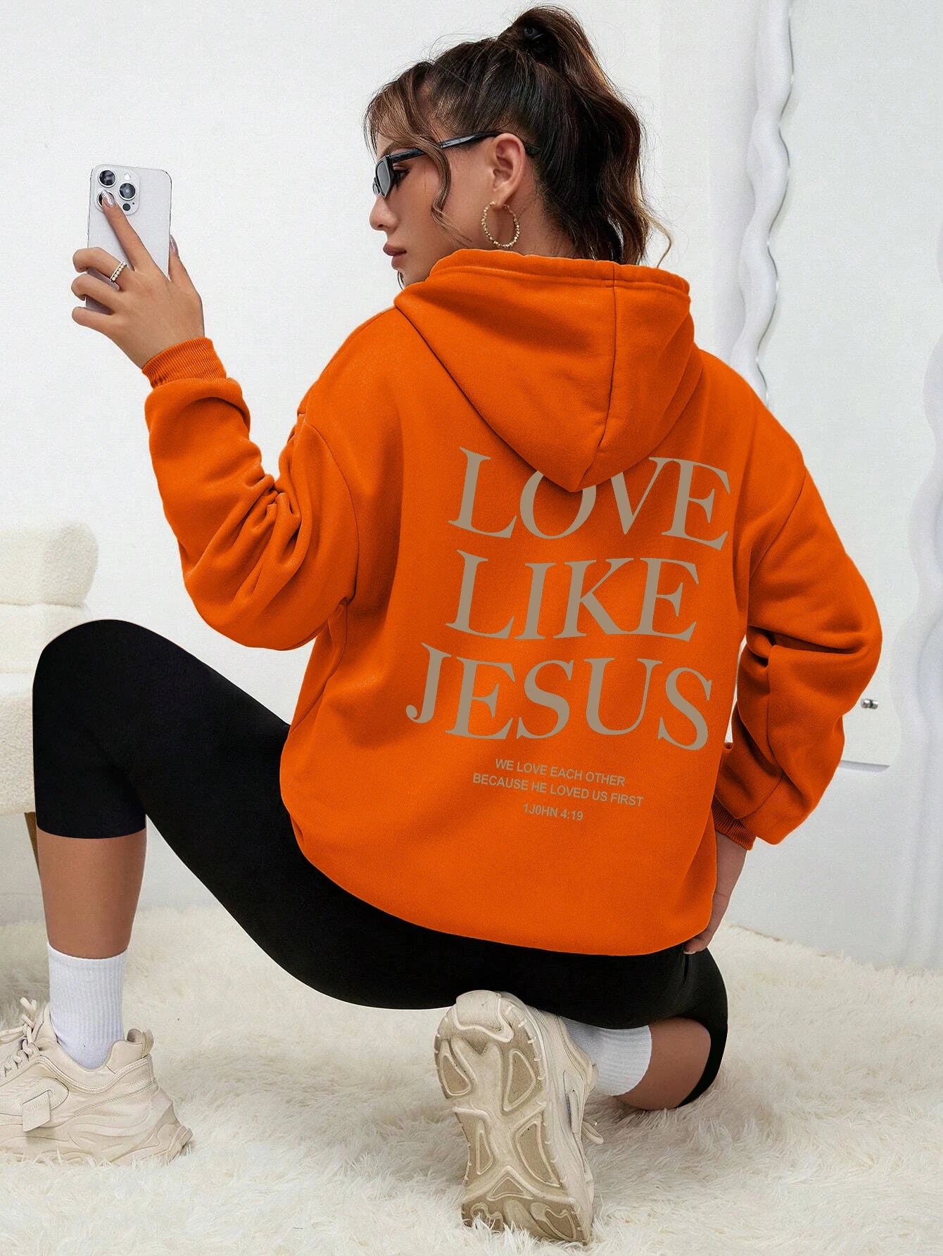 Love Like Jesus Simple Letter Printed Hoodie Women Warm Fleece Hoody Fashion Casual Hooded Autumn Loose Round Neck Woman Clothes