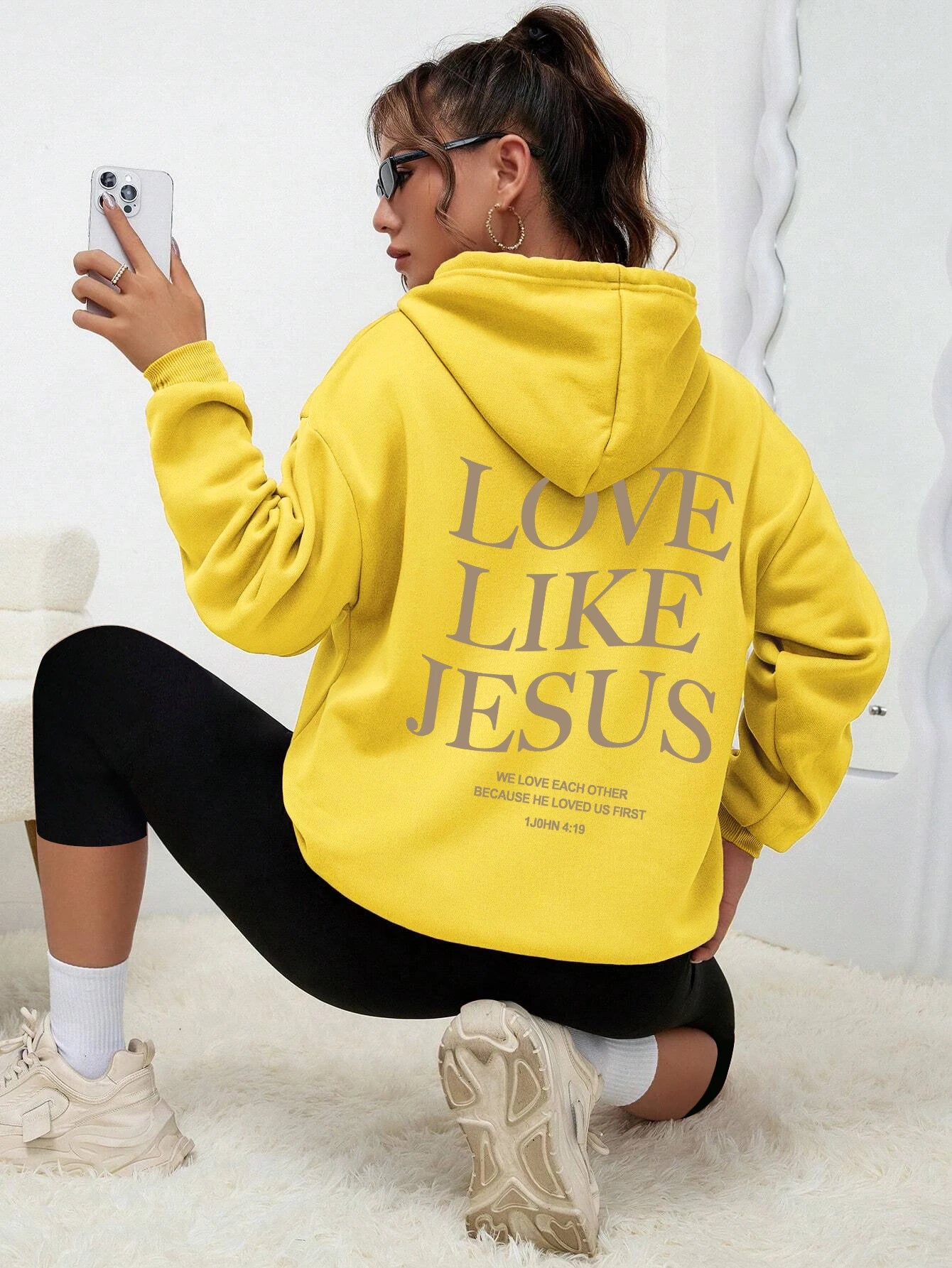 Love Like Jesus Simple Letter Printed Hoodie Women Warm Fleece Hoody Fashion Casual Hooded Autumn Loose Round Neck Woman Clothes