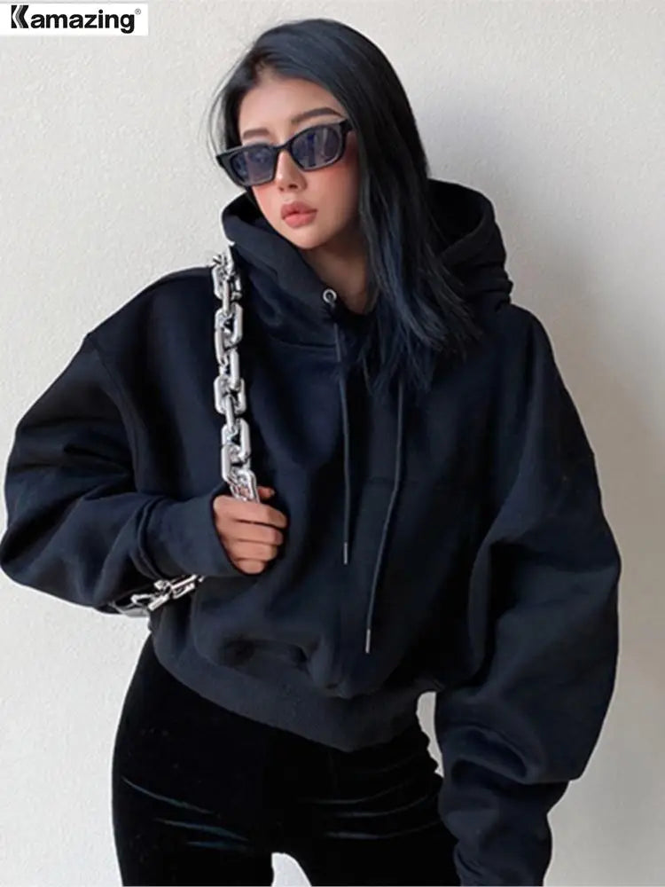 Winter Women Solid Fleece Hoodies Clothing Long Sleeve Tops Loose Pocket Sweatshirt Female Casual Pullover