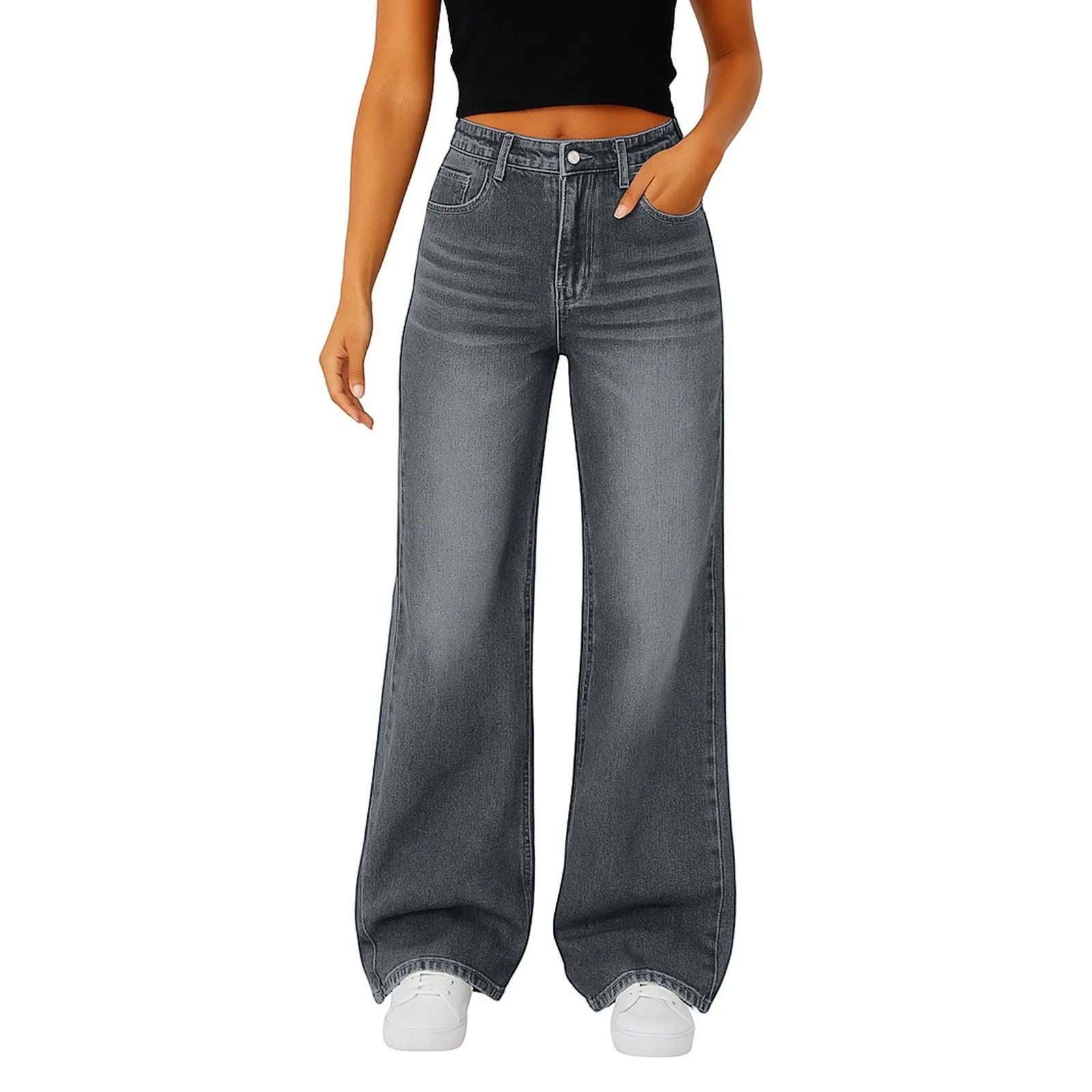 Wide-Leg Jeans Women Light Blue High-Waisted Simple Design Fashionable Trousers 