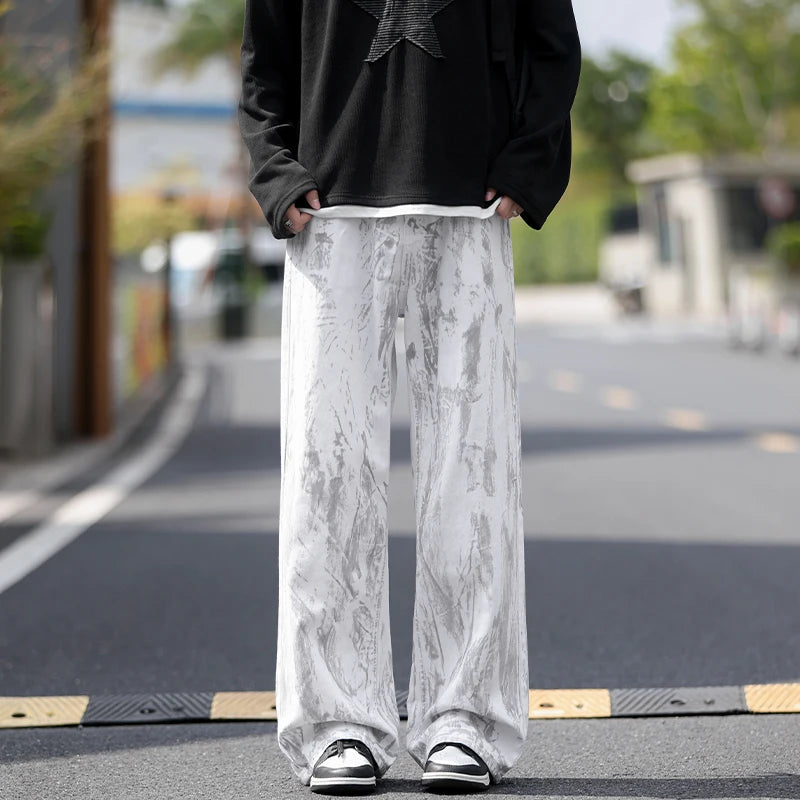 Jeans Mens Classic Straight Leg Jeans White Tie Dye Denim Pants 