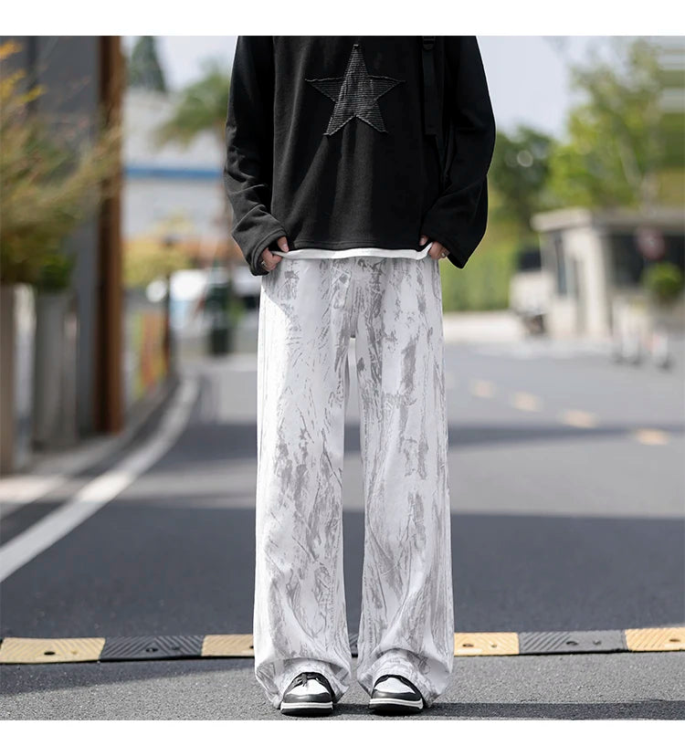 Jeans Mens Classic Straight Leg Jeans White Tie Dye Denim Pants 