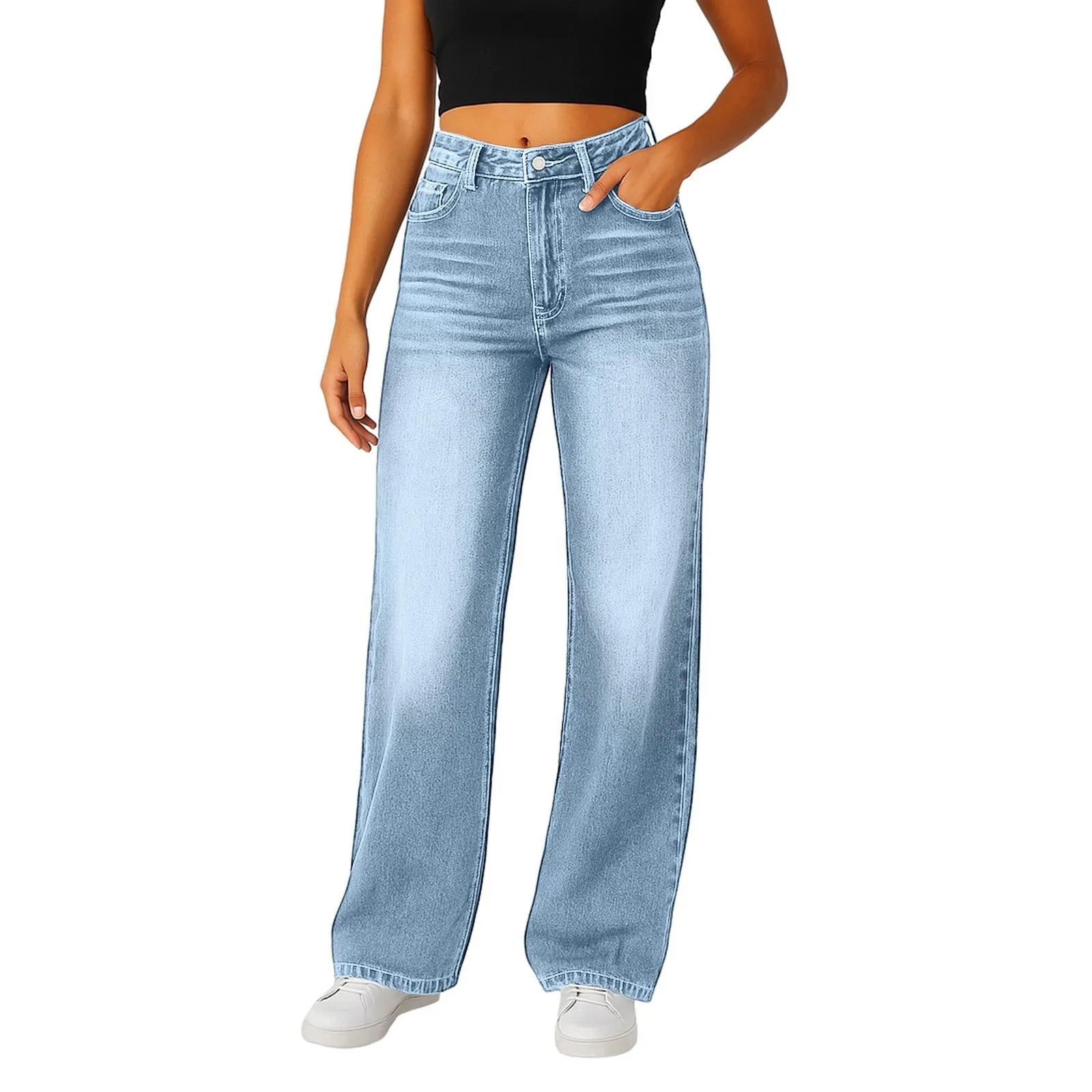 Wide-Leg Jeans Women Light Blue High-Waisted Simple Design Fashionable Trousers 