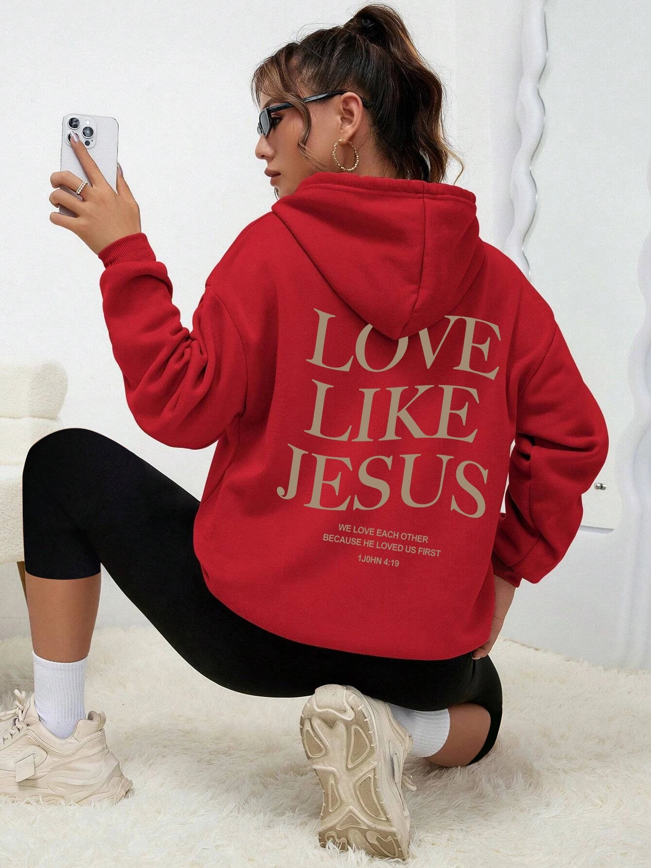 Love Like Jesus Simple Letter Printed Hoodie Women Warm Fleece Hoody Fashion Casual Hooded Autumn Loose Round Neck Woman Clothes