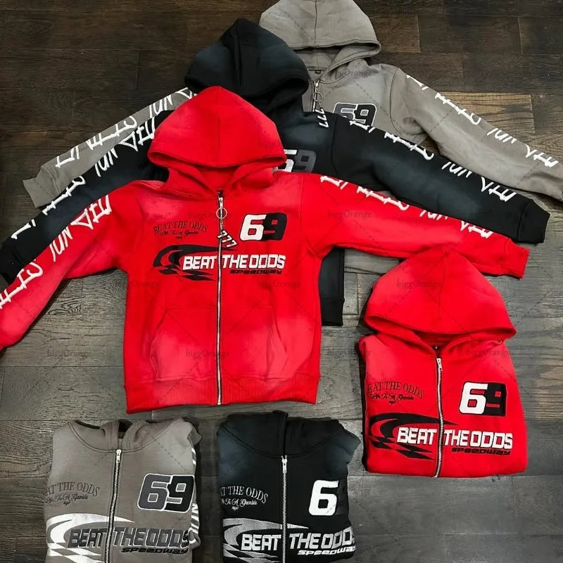 Punk Retro Colorful Zipper Hoodie Harajuku Letter Print Casual Oversized Sweatshirt Couple Hip-hop Trendy Streetwear Jacket Men