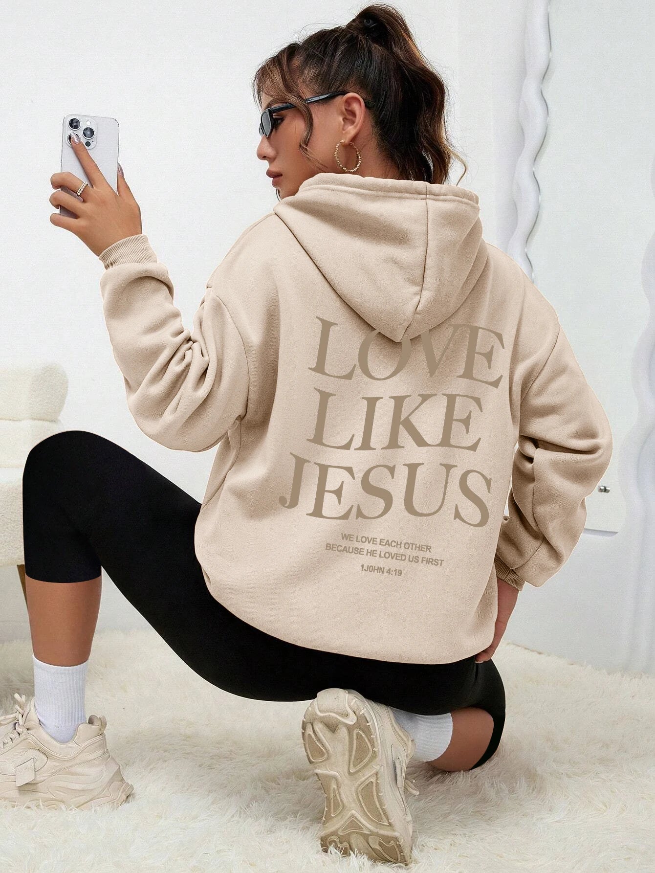 Love Like Jesus Simple Letter Printed Hoodie Women Warm Fleece Hoody Fashion Casual Hooded Autumn Loose Round Neck Woman Clothes